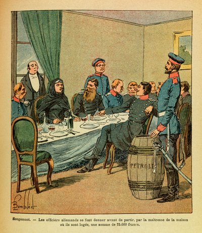 The Eastern Armee of Eugene Sergeant, dit Grenest, illustreret af Louis Bombled (1862-1927) (fransk-tyske krig; kampagne 1870 -1871): I Rougemont blev de tyske officerer givet før afgang, af elskerinden i huset, hvor de er loger, en sum af Louis Charles Bombled