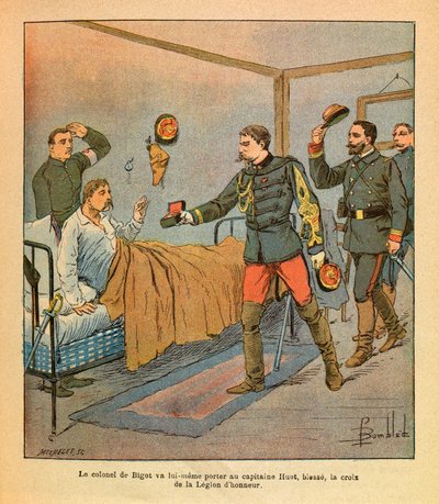 The Eastern Armee of Eugene Sergeant, dit Grenest, illustreret af Louis Bombled (1862-1927) (fransk-tyske krig; kampagne 1870-1871): Oberst De Bigot selv bragte kaptajn Huot korset af Æreslegionen efter kampene af Voujeaucourt i af Louis Charles Bombled