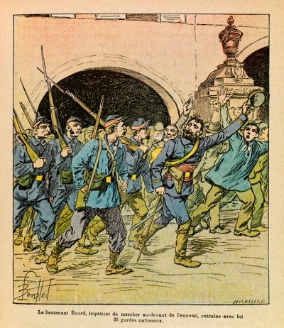 The Eastern Armee of Eugene Sergeant, dit Grenest, illustreret af Louis Bombled (1862-1927) (fransk-tyske krig; kampagne 1870-1871): Under kampene ved Epinal i oktober 1870 gik løjtnant Enard ivrigt foran fjenden. førte Nati med sig af Louis Charles Bombled