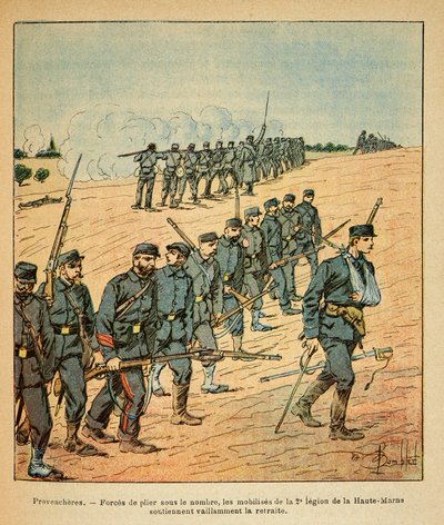 The Eastern Armee of Eugene Sergeant, kendt som Grenest, illustreret af Louis Bombled (1862-1927) (fransk-tyske krig; kampagne 1870 -1871): I Provencheres blev mobiliseringerne af den 2. legion i Upper Marne tvunget til at trække sig tilbage under antallet af Louis Charles Bombled