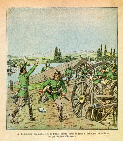 The Eastern Armee of Eugene Sergeant, kendt som Grenest, illustreret af Louis Bombled (1862-1927) (den fransk-tyske krig; kampagne 1870-1871): En afdeling af franske motiver og snigskytter krydsede Rhinen og rystede de tyske broarbejdere, Private Collecti af Louis Charles Bombled
