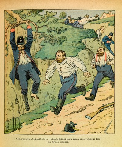 The Eastern Army of Eugene Sergeant, illustreret af Louis Bombled (1862-1927) (fransk-tyske krig; felttog 1870 -1871): Tyske tropper flygter fra Chatillon på Seinen før Ricciotti Garibaldis tropper i november 1870, privat samling af Louis Charles Bombled