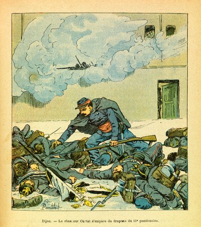 The Eastern Armee of Eugene Sergeant, kendt som Grenest, illustreret af Louis Bombled (1862-1927) (fransk-tyske krig; kampagne 1870 -1871): Dijon, januar 1871, beslaglagde jægeren Victor Curtat flaget af 61 Pomeranian, menig Kollektion af Louis Charles Bombled
