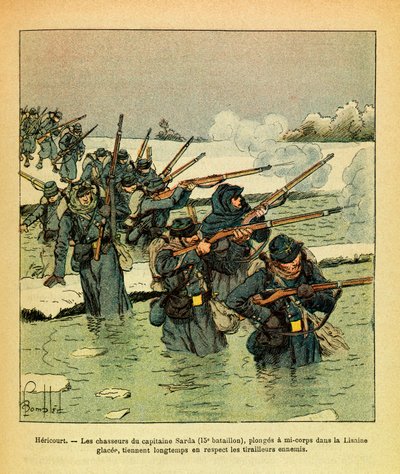 The Eastern Armee of Eugene Sergeant, kendt som Grenest, illustreret af Louis Bombled (1862-1927) (fransk-tyske krig; kampagne 1870 -1871): Januar 1871, Hericourt, kaptajn Sardas jægere dykker halvkrop i isen Lisaine, hold i lang tid fjende af Louis Charles Bombled