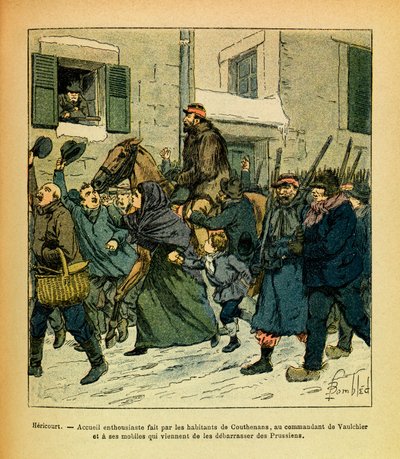 The Eastern Armee of Eugene Sergeant, kendt som Grenest, illustreret af Louis Bombled (1862-1927) (fransk-tyske krig; kampagne 1870 -1871): Januar 1871, Hericourt, begejstring skabt af indbyggerne i Couthenans, til kommandanten af Vaulchier og hans m af Louis Charles Bombled