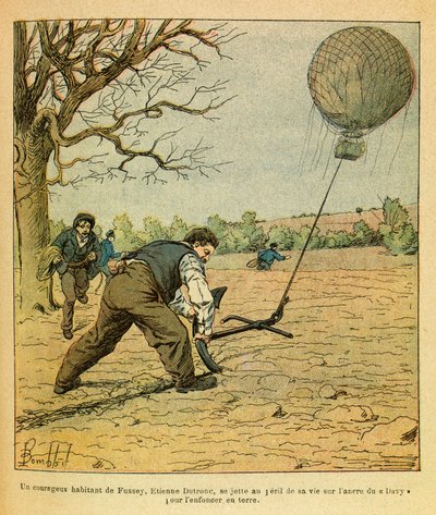 The Eastern Armee of Eugene Sergeant, kendt som Grenest, illustreret af Louis Bombled (1862-1927) (fransk-tyske krig; kampagne 1870 -1871): Battle of Nights Saint Georges; bønder forsøger at holde en observationsballon, privat samling af Louis Charles Bombled