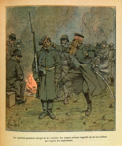 The Eastern Armee of Eugene Sergeant, kendt som Grenest, illustreret af Louis Bombled (1862-1927) (den fransk-tyske krig; kampagnen 1870-1871): En preussisk kaptajn med ansvar for adfærden af gidslerne i Nuits Saint Georges minder om en af hans soldater i  af Louis Charles Bombled
