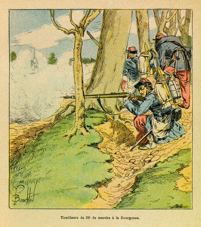 The Eastern Armee of Eugene Sergeant, kendt som Grenest, illustreret af Louis Bombled (1862-1927) (fransk-tyske krig; kampagne 1870-1871): Under ordre fra general Dupre, en skomand fra den 32. march i slaget ved La Bourgonce i oktober 1870, Priva af Louis Charles Bombled