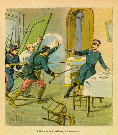 The Eastern Armee of Eugene Sergeant, kendt som Grenest, illustreret af Louis Bombled (1862-1927) (fransk-tyske krig; kampagne 1870 -1871): En preussisk officer taget til fange af franske motiver i Vaucouleurs, privat samling af Louis Charles Bombled