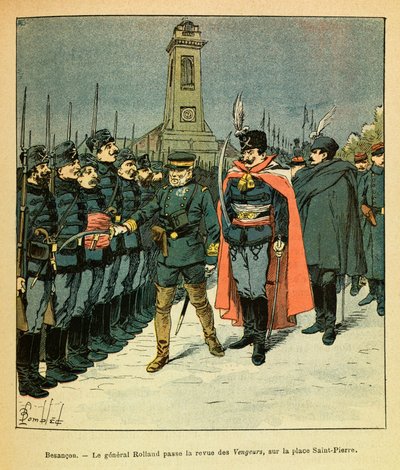 The Eastern Armee of Eugene Sergeant, kendt som Grenest, illustreret af Louis Bombled (1862-1927) (den fransk-tyske krig; kampagne 1870-1871): I Besancon gennemgår general Rolland firmaet "Avengers" bestilt af Malicki, Private Collection af Louis Charles Bombled