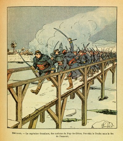 The Eastern Armee of Eugene Sergeant, kendt som Grenest, illustreret af Louis Bombled (1862-1927) (fransk-tyske krig; kampagne 1870 -1871): Januar 1871, Hericourt, kaptajn Grosliers og motiverne fra Puy de Dome krydser Doubs under fjendens ild, Privat af Louis Charles Bombled
