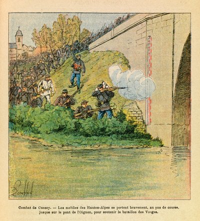 The Eastern Armee of Eugene Sergeant, kendt som Grenest, illustreret af Louis Bombled (1862-1927) (fransk-tyske krig; kampagne 1870-1871): Les mobiles des Hautes Alpes giver en hånd med bataljonen Vogeserne under kampene i Cussey på Ognon (dou af Louis Charles Bombled
