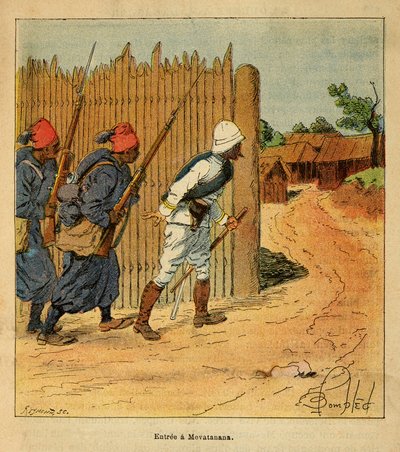 The War in Madagascar-Anekdotisk historie om de franske ekspeditioner i 1885-1895 af Henri Galli dit Galllichet (1854-1922), illustreret af Louis Bombled (1862-1927): Franske tropper gik ind i landsbyen Mevatanana i 1895, privat samling af Louis Charles Bombled