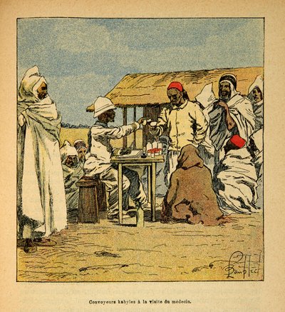 The War in Madagascar-Anecdotal History of the French Expeditions of 1885-1895 af Henri Galli dit Galllichet (1854-1922), illustreret af Louis Bombled (1862-1927): Convoyeurs Kabiles et besøg af en militærlæge, privat samling af Louis Charles Bombled