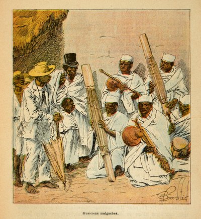 The War in Madagascar-Anecdotal History of the French Expeditions of 1885-1895 af Henri Galli dit Galllichet (1854-1922), illustreret af Louis Bombled (1862-1927): Malagasy Musicians in the 19th century, Private Collection af Louis Charles Bombled