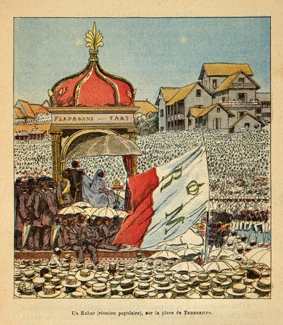 The War in Madagascar-Anecdotal History of the French Expeditions of 1885-1895 af Henri Galli dit Galllichet (1854-1922), illustreret af Louis Bombled (1862-1927): A Kabar (populært møde) på Tananarive Square i det 19. århundrede i tilstedeværelsen af Qu af Louis Charles Bombled