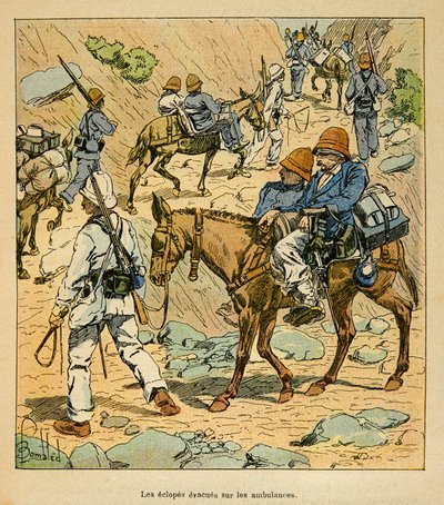 The War in Madagascar-Anecdotal History of the French Expeditions of 1885-1895 af Henri Galli dit Galllichet (1854-1922), illustreret af Louis Bombled (1862-1927): The Eclopes of the Arm Escapes on Fortune Ambulances in Madagascar, Private Collection af Louis Charles Bombled