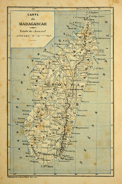 The War in Madagascar-Anekdotisk historie om de franske ekspeditioner 1885-1895 af Henri Galli dit Galllichet (1854-1922), illustreret af Louis Bombled (1862-1927): Kort over Madagaskar, privat samling af Louis Charles Bombled