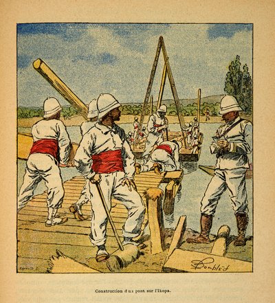 The War in Madagascar-Anekdotisk historie om de franske ekspeditioner i 1885-1895 af Henri Galli dit Galllichet (1854-1922), illustreret af Louis Bombled (1862-1927): Konstruktion af en bro af ånden på Ikopa-floden i 1895, Privat samling af Louis Charles Bombled