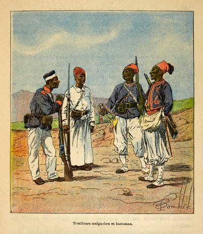 Krigen i Madagaskar - en anekdotisk historie om de franske ekspeditioner i 1885-1895 af Henri Galli dit Galllichet (1854-1922), illustreret af Louis Bombled (1862-1927): Madagaskiske og Haoussas Tirailleurs, Private Collection af Louis Charles Bombled