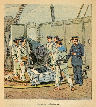 Krigen i Madagaskar - en anekdotisk historie om de franske ekspeditioner i 1885-1895 af Henri Galli dit Galllichet (1854-1922), illustreret af Louis Bombled (1862-1927): Den franske flådes bombardement af Tamatave, privatsamling af Louis Charles Bombled