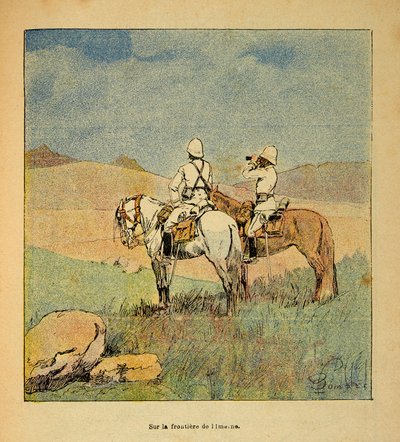 The War in Madagascar-Anecdotal History of the French Expeditions of 1885-1895 af Henri Galli dit Galllichet (1854-1922), illustreret af Louis Bombled (1862-1927): Militær i rekognoscering på grænsen mellem Imerne og Madagaskar i 1895, menig Kollektion af Louis Charles Bombled