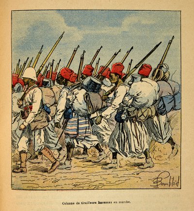 The War in Madagascar-Anekdotisk historie om de franske ekspeditioner i 1885-1895 af Henri Galli dit Galllichet (1854-1922), illustreret af Louis Bombled (1862-1927): Søjle af Haoussas Tirailleurs marcherer i 1895, privat samling af Louis Charles Bombled