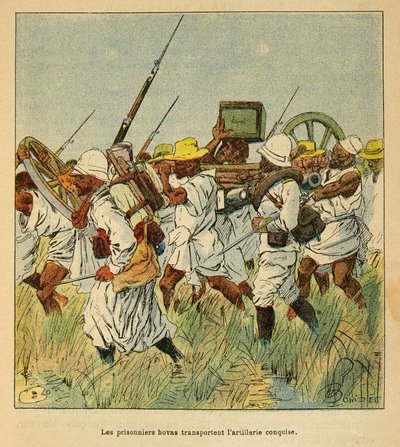 The War in Madagascar-Anekdotisk historie om de franske ekspeditioner i 1885-1895 af Henri Galli dit Galllichet (1854-1922), illustreret af Louis Bombled (1862-1927): Fanger Hovas bruges til at transportere artilleristykker, privat samling af Louis Charles Bombled