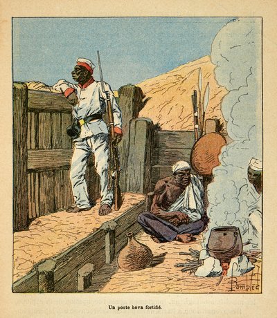 The War in Madagascar-Anecdotal History of the French Expeditions of 1885-1895 af Henri Galli dit Galllichet (1854-1922), illustreret af Louis Bombled (1862-1927): A post Hova fortifies, Private Collection af Louis Charles Bombled
