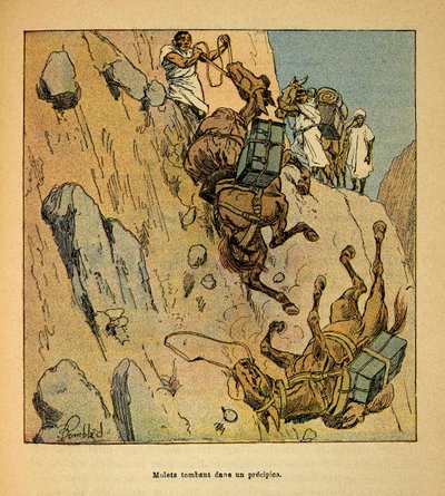 The War in Madagascar-Anekdotisk historie om de franske ekspeditioner i 1885-1895 af Henri Galli dit Galllichet (1854-1922), illustreret af Louis Bombled (1862-1927): Mulet af en militærkonvoj falder ned i et afgrund, særlig samling af Louis Charles Bombled