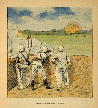 The War in Madagascar-Anekdotisk historie om de franske ekspeditioner i 1885-1895 af Henri Galli dit Galllichet (1854-1922), illustreret af Louis Bombled (1862-1927): Eksplosion af Fort Hova i Farafate i 1895, privat samling af Louis Charles Bombled