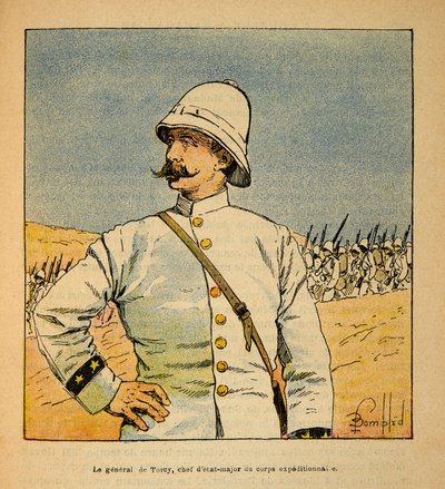 The War in Madagascar-Anekdotisk historie om de franske ekspeditioner 1885-1895 af Henri Galli dit Galllichet (1854-1922), illustreret af Louis Bombled (1862-1927): Portræt af general De Torcy (1844-1918), stabschef af Ekspeditionsstyrken i Madag af Louis Charles Bombled