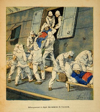 The War in Madagascar-Anecdotal History of the French Expeditions of 1885-1895 af Henri Galli dit Galllichet (1854-1922), illustreret af Louis Bombled (1862-1927): Landgang til Algier i 1895 af de syge tropper fra hospitalsskibet "Shamrock" fra Ma af Louis Charles Bombled