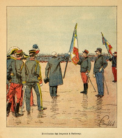 The War in Madagascar-Anecdotal History of the French Expeditions of 1885-1895 af Henri Galli dit Galllichet (1854-1922), illustreret af Louis Bombled (1862-1927): Uddeling af flag i Sathonay til de tropper, der afgik til Madagaskar i 1895 pres af Louis Charles Bombled