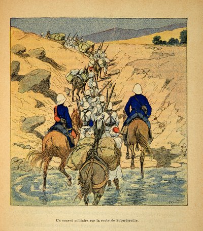 The War in Madagascar-Anekdotisk historie om de franske ekspeditioner i 1885-1895 af Henri Galli dit Galllichet (1854-1922), illustreret af Louis Bombled (1862-1927): en militærkonvoj på vejen til Suberbieville i 1895, privat samling af Louis Charles Bombled