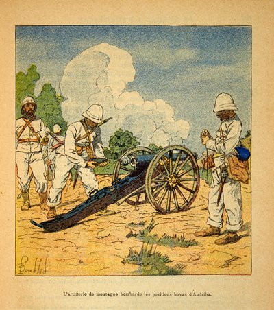 The War in Madagascar-Anekdotisk historie om de franske ekspeditioner i 1885-1895 af Henri Galli dit Galllichet (1854-1922), illustreret af Louis Bombled (1862-1927): Bjergartilleriet bombarderede stillingerne Hovas a Andriba i 1895, privat samling af Louis Charles Bombled