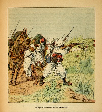 The War in Madagascar-Anekdotisk historie om de franske ekspeditioner i 1885-1895 af Henri Galli dit Galllichet (1854-1922), illustreret af Louis Bombled (1862-1927): Angreb på en militærkonvoj af Fahavolos, privat samling af Louis Charles Bombled