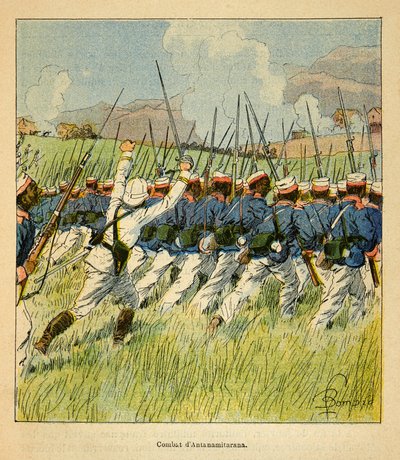 The War in Madagascar-Anekdotisk historie om de franske ekspeditioner i 1885-1895 af Henri Galli dit Galllichet (1854-1922), illustreret af Louis Bombled (1862-1927): Franske tropper under Antanamitarana-slagene i 1895, Privat samling af Louis Charles Bombled