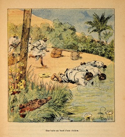 The War in Madagascar-Anekdotisk historie om de franske ekspeditioner i 1885-1895 af Henri Galli dit Galllichet (1854-1922), illustreret af Louis Bombled (1862-1927): Et stop ved floden i 1895, privat samling af Louis Charles Bombled