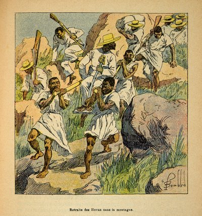 The War in Madagascar-Anekdotisk historie om de franske ekspeditioner i 1885-1895 af Henri Galli dit Galllichet (1854-1922), illustreret af Louis Bombled (1862-1927): Retreat of Hovas Troops in the Mountains, Private Collection af Louis Charles Bombled