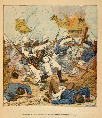 The War in Madagascar-Anekdotisk historie om de franske ekspeditioner i 1885-1895 af Henri Galli dit Galllichet (1854-1922), illustreret af Louis Bombled (1862-1927): Løjtnant Foreston sår under kampene ved Ambolomonty i 1895, privat samling af Louis Charles Bombled