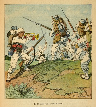 The War in Madagascar-Anekdotisk historie om de franske ekspeditioner i 1885-1895 af Henri Galli dit Galllichet (1854-1922), illustreret af Louis Bombled (1862-1927): De 40. jægere til fods under kampene i Beritza i 1895, privat Kollektion af Louis Charles Bombled