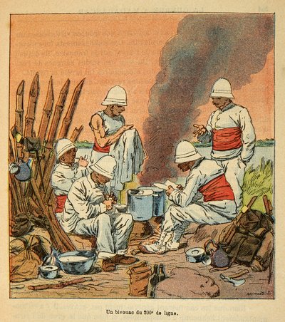 The War in Madagascar-Anecdotal History of the French Expeditions of 1885-1895 af Henri Galli dit Galllichet (1854-1922), illustreret af Louis Bombled (1862-1927): En bivuak af den 200. linje i Madagaskar i 1895, privat samling af Louis Charles Bombled