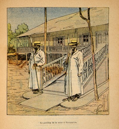 The War in Madagascar-Anekdotisk historie om de franske ekspeditioner i 1885-1895 af Henri Galli dit Galllichet (1854-1922), illustreret af Louis Bombled (1862-1927): Dronning Ranavalonas pavillon i Tananarive i 1895, privat samling af Louis Charles Bombled