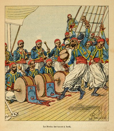 The War in Madagascar-Anekdotisk historie om de franske ekspeditioner 1885-1895 af Henri Galli dit Galllichet (1854-1922), illustreret af Louis Bombled (1862-1927): De ni tyrkere ombord på skibet, der sejler til Madagaskar, privat samling af Louis Charles Bombled