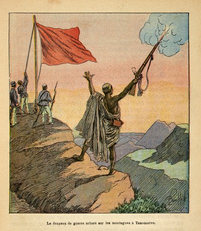 The War in Madagascar-Anekdotisk historie om de franske ekspeditioner i 1885-1895 af Henri Galli dit Galllichet (1854-1922), illustreret af Louis Bombled (1862-1927): Den madagaskiske røde krigsflagplante på Tananarive-bjergene, privat samling af Louis Charles Bombled