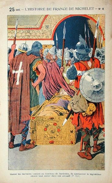 Opdagelsen af det mumificerede lig af kejser Justinian (483-565) under korsfarernes indtog af Konstantinopel i 1204, illustration fra 