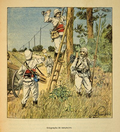 Krigen i Madagaskar-Anekdotisk historie om de franske ekspeditioner 1885-1895 af Henri Galli dit Galllichet (1854-1922), illustreret af Louis Bombled (1862-1927): Implementering af kampagnetelegrafen af militæret i Madagaskar i 1895, privat saml af Louis Charles Bombled