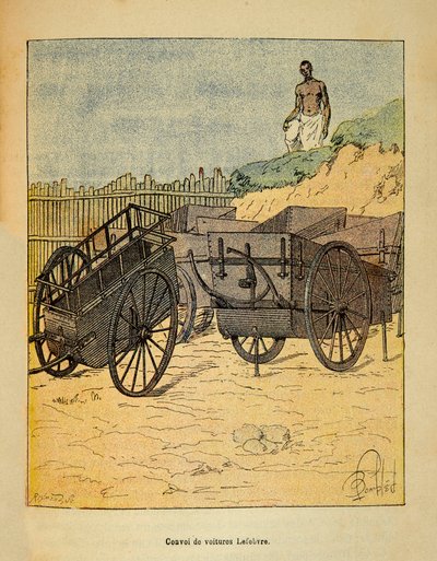 Krigen i Madagaskar-Anekdotisk historie om de franske ekspeditioner 1885-1895 af Henri Galli dit Galllichet (1854-1922), illustreret af Louis Bombled (1862-1927): Konvoj af biler Lefebvre bruger til forsyning af tropper, Privat samling af Louis Charles Bombled