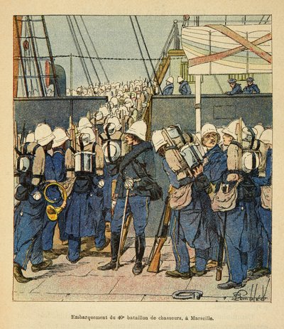Krigen i Madagaskar-Anekdotisk historie om de franske ekspeditioner 1885-1895 af Henri Galli dit Galllichet (1854-1922), illustreret af Louis Bombled (1862-1927): Indskibning af den 40. jagerbataljon i Marseille til Madasgascar i 1895, menig colle af Louis Charles Bombled